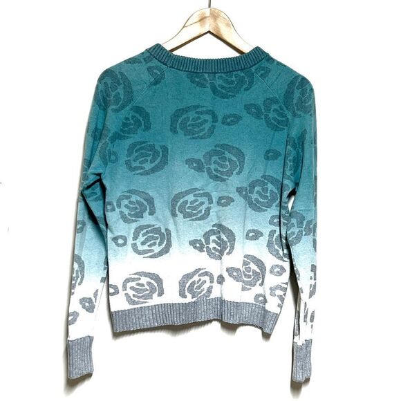 Kinross Cashmere Dip Dyed Blue Rose Print Crew neck Sweater Womens Sz M - Picture 2 of 6
